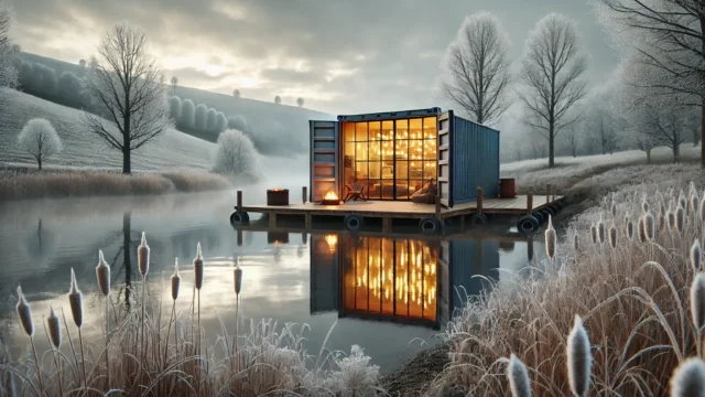 DALL·E 2025-01-25 20.39.19 – A modern shipping container converted into a lakeside getaway property i