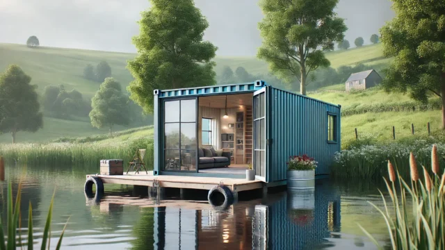 DALL·E 2025-01-25 20.39.38 – A modern shipping container converted into a lakeside getaway property i