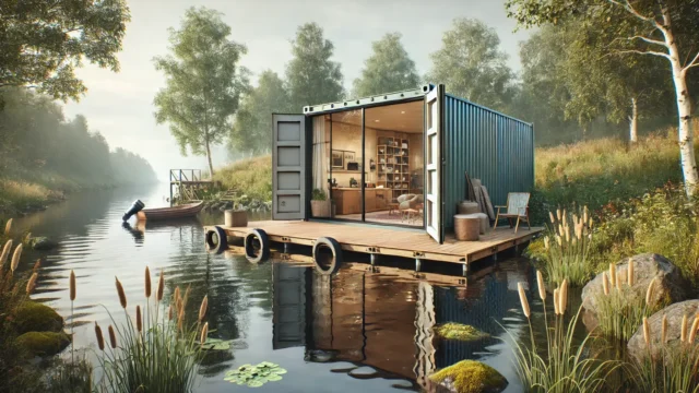 DALL·E 2025-01-25 20.40.37 – A modern shipping container converted into a lakeside getaway property i